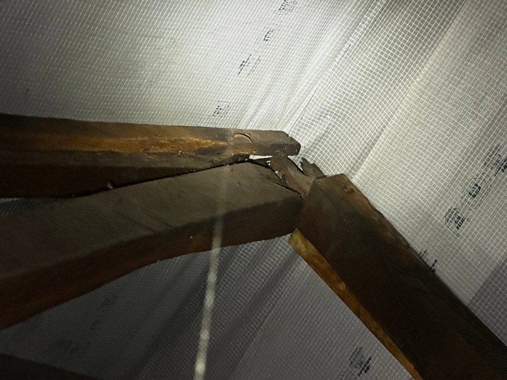 Dachstuhl mit Schimmelbefall an Holzbauteilen